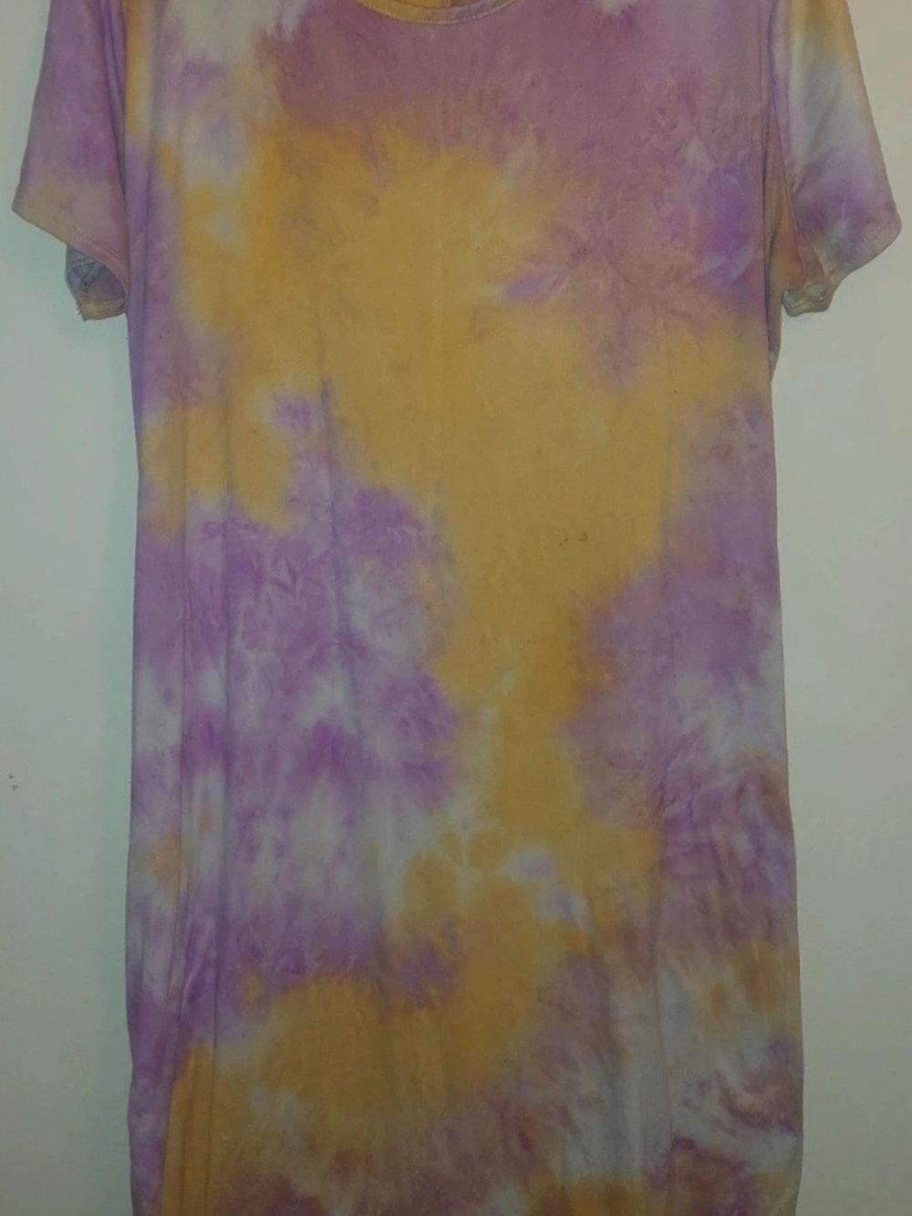 Women's Short Sleeve Tie-Dye Maxi Dress in Purple and Yellow.